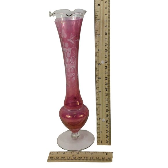 Cranberry Glass Bud Vase w/Etched Grape Vine Design-Clear Scalloped-Fenton C203 - Picture 1 of 6